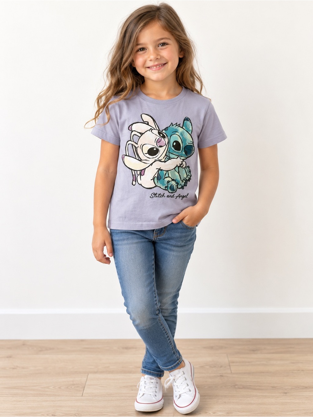 Disney Stitch & Angel Girls Lavender Graphic T-Shirt Size 6/6X